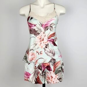 Linea Donatella 2 Pc Light Blue Satin Pink Floral Print Sleepwear Lace Trim Sz M